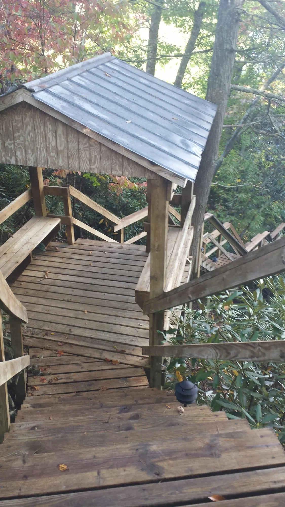 Metal roofed shelter over wooden steps on a wooded walkway — Skylight Repair & Installation work by our crew in Blandford